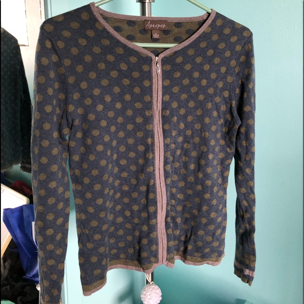 Blue & green polka dot zip-up sweater